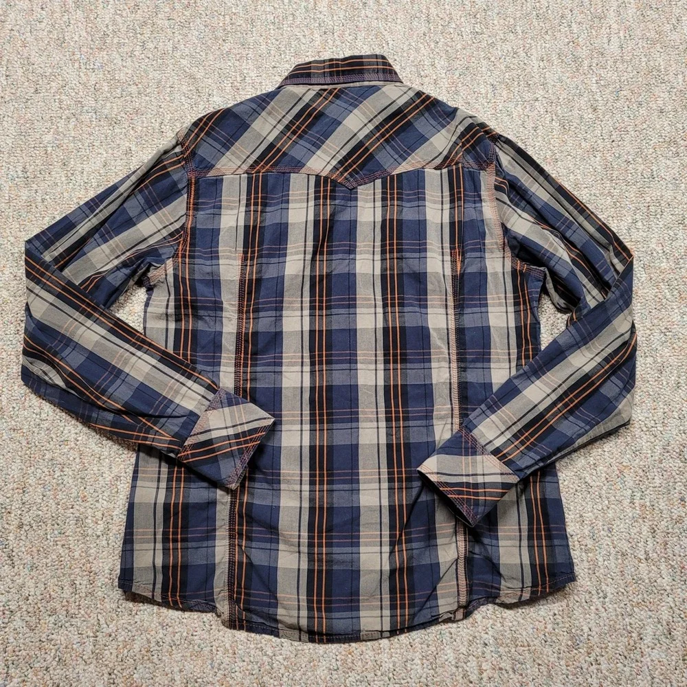 True Religion Western Shirt Mens 3XL Blue Plaid Pearl Snap Long Sleeve Cowboy